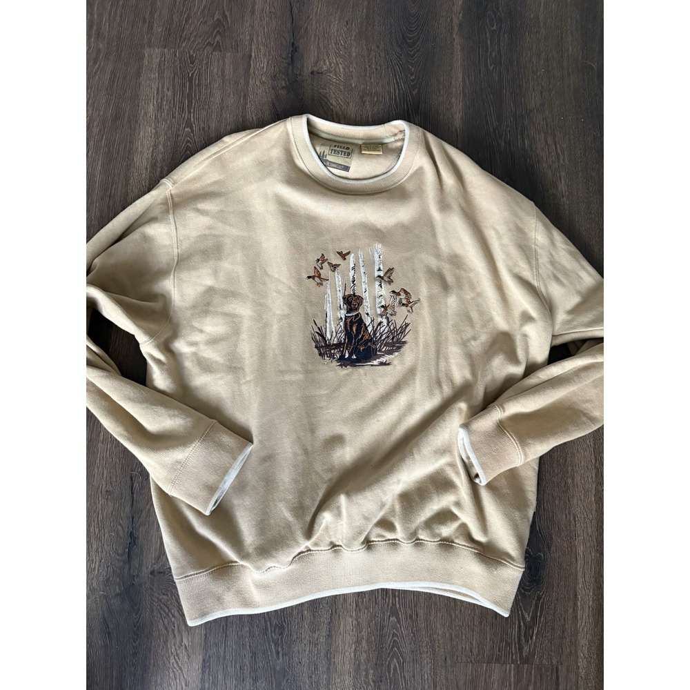 Vintage Field Tested Outdoor Life Beige Fleece Sweatshirt XL Dog Graphic Hunting